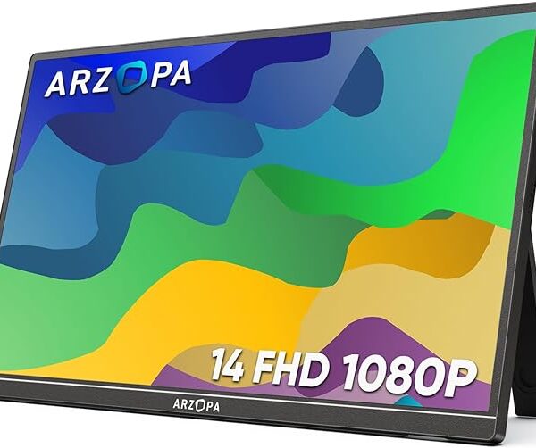 ARZOPA Portable Monitor, 14.0" Ultra Slim Portable Laptop Monitor FHD 1080P External Display with Dual Speakers